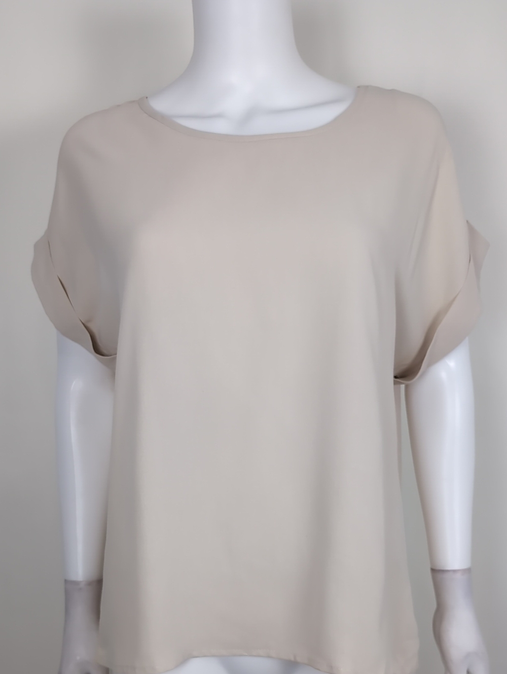 SHEIN Cream Neutral Round Neck Short Cuffed Sleeve Blouse Size Large